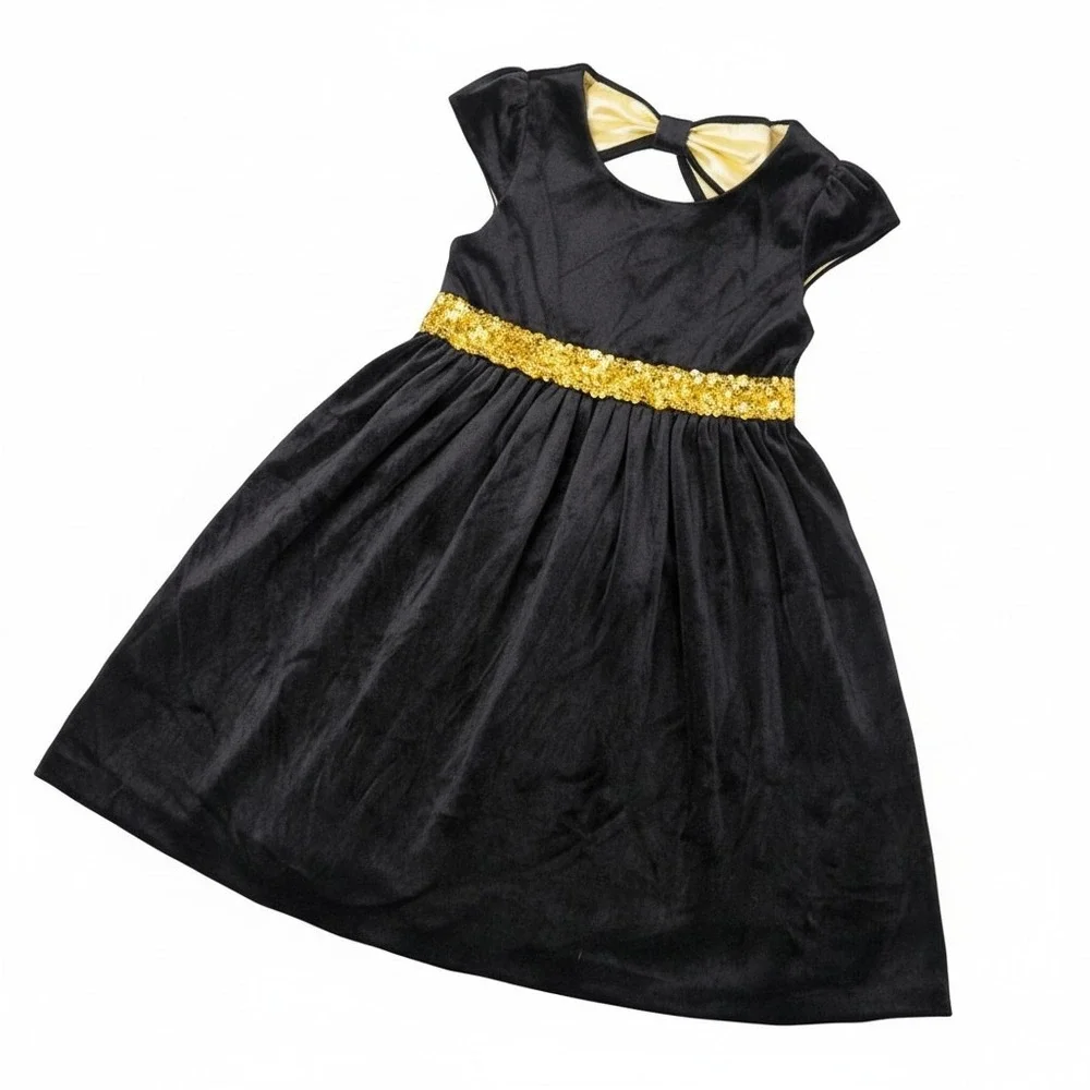 George Girls Velvet Sequin Party Dress Black Gold Bow Back XS 4-5‎ Excellent